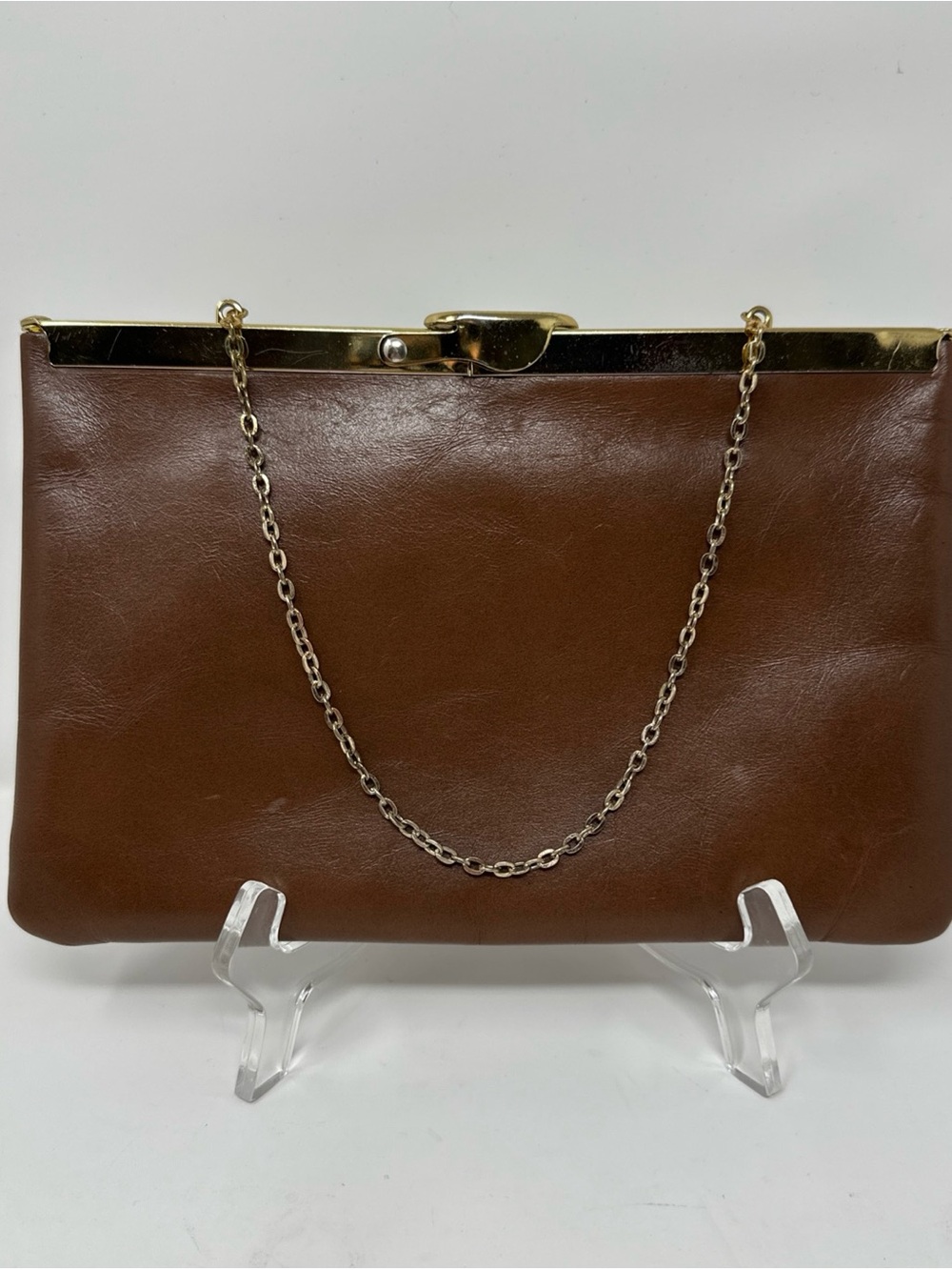 Vintage Etra Brown Genuine Leather Bag Convertible Clutch Gold Pop Up Frame